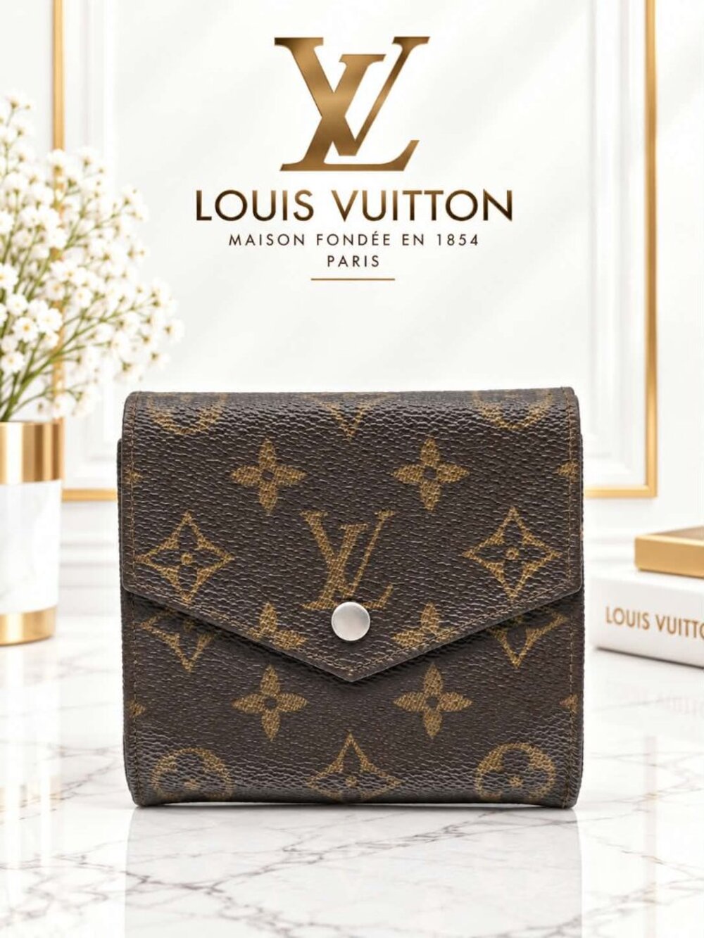 Authentic Louis Vuitton Monogram Canvas Compact Bifold Snap Wallet Brown